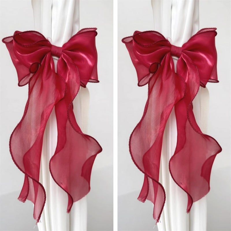 RandomParty 2 Pack French Silky Bow Curtain Tiebacks, Elegant Lace Ribbon for Curtains Decorative Rope Accessories Home Décor (Red,2) - Image 1